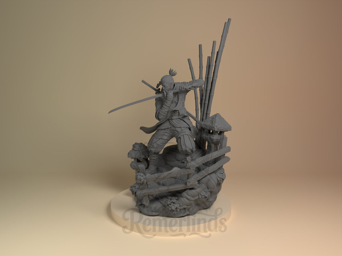 One-Armed Shinobi Twice-Fallen Shadows 3D printed resin figure by Nomnom, angled view showing dimensional details.