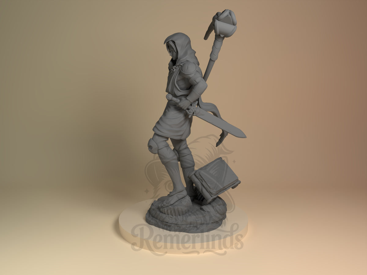 Dusk Warden from Hades stands in side view with sword and staff on a sculpted base as an unpainted resin figure.