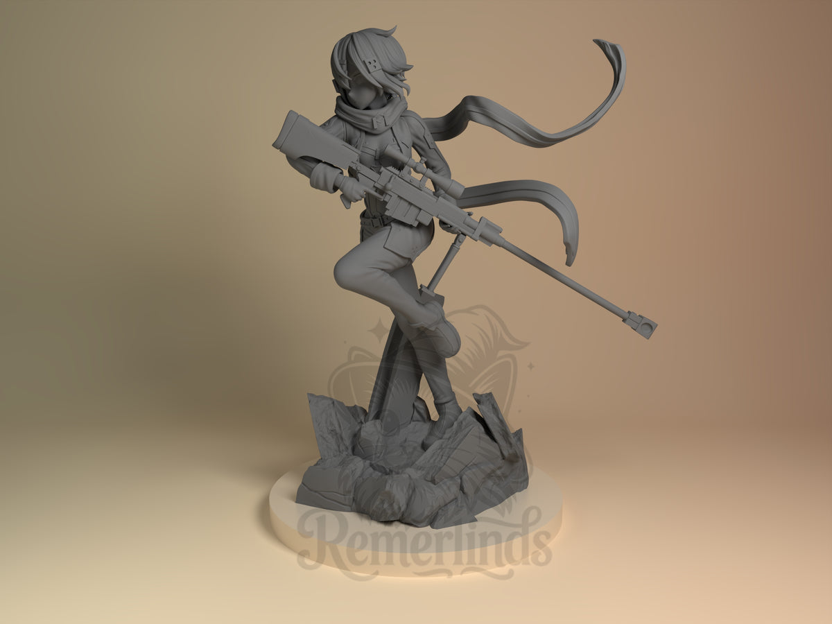 Azure Sniper Huntress Blade Web Odyssey 3D printed resin figure by Nomnom, angled view showing dimensional details.