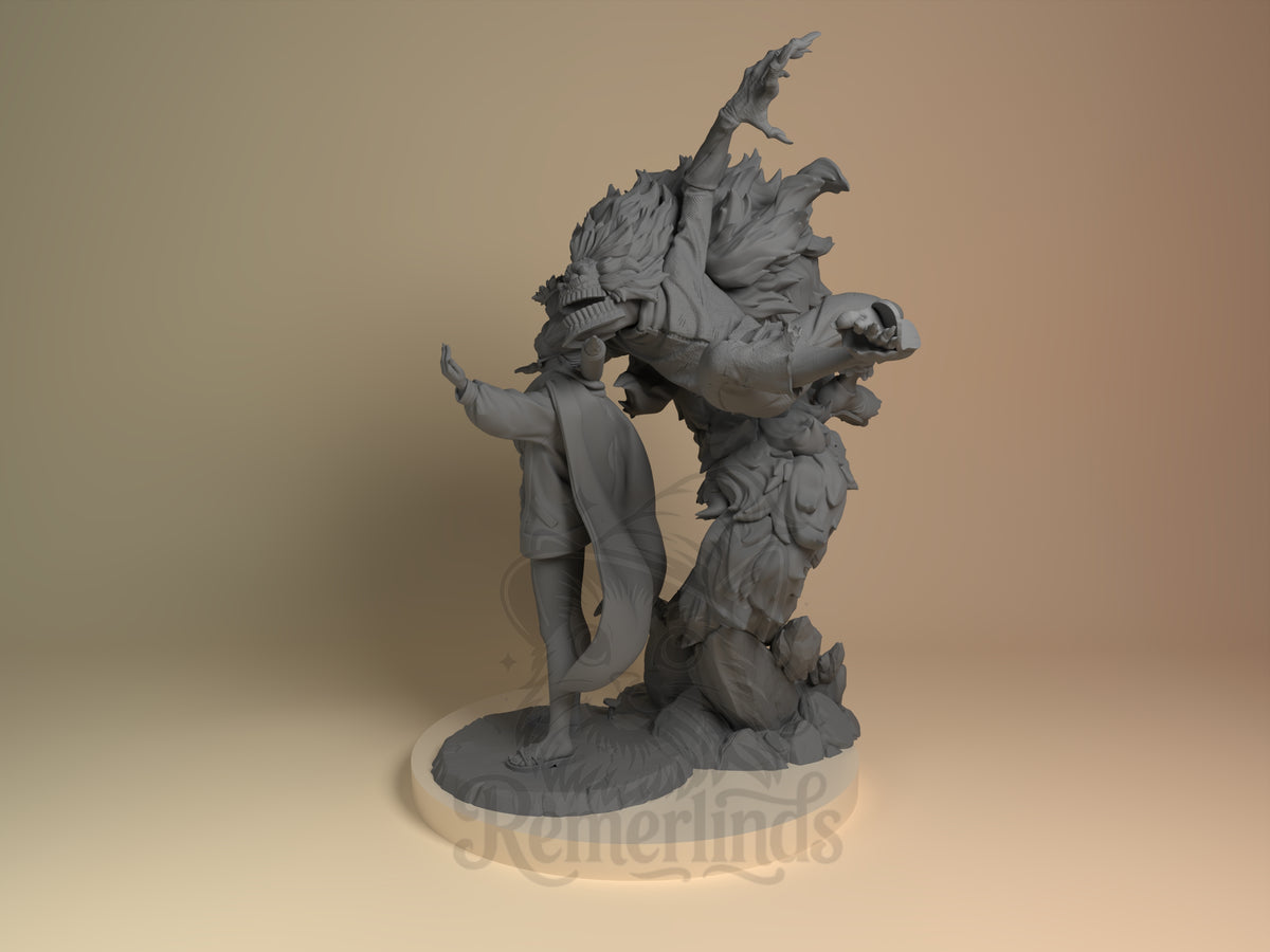 Angled view shows unpainted Seiko & Granny from Dandadan resin figure posed on a sculpted base.