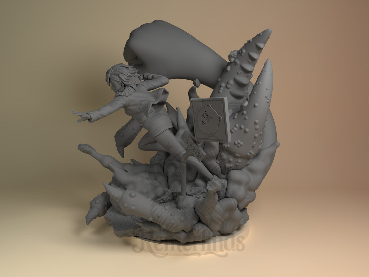 Angled view of unpainted Momo Ayase resin figure from Dandadan, leaping above a sculpted base.