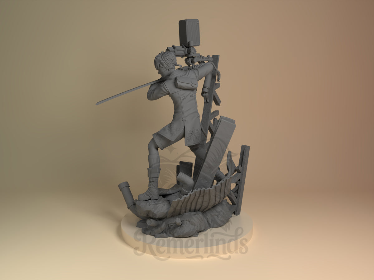 9S NieR: Automata 3D printed resin figure by Nomnom, angled view showing dimensional details.