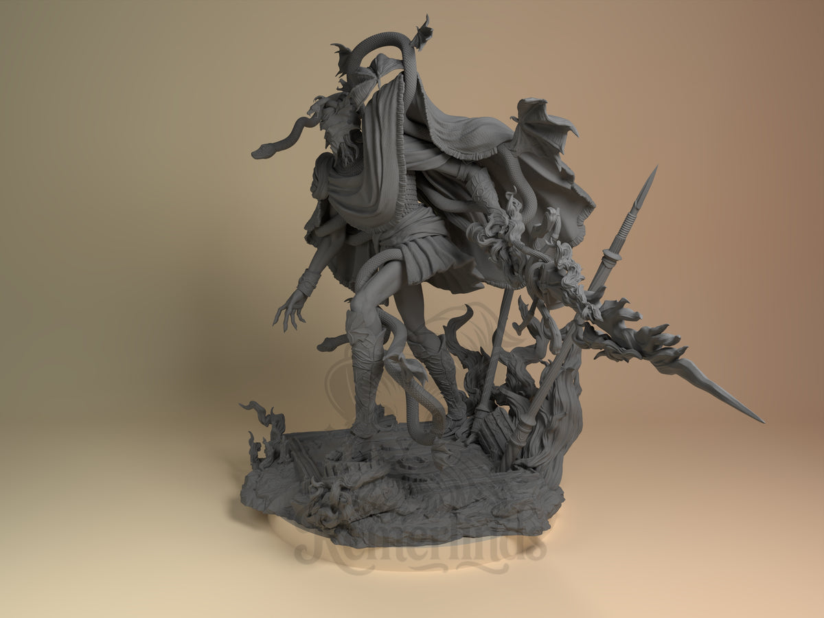 Messmer the Impaler from Elden Ring is an unpainted resin figure viewed at an angle on a sculpted base.