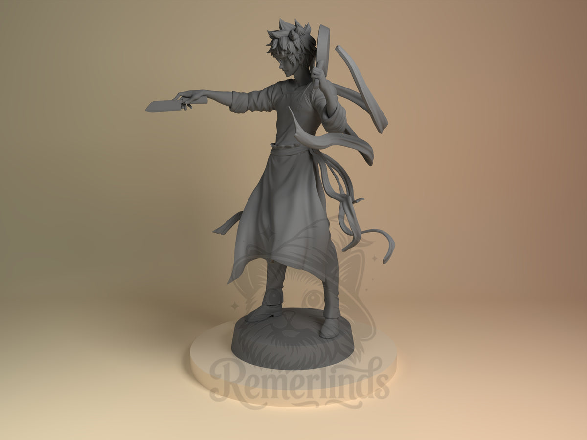 Soma Yukimura Cuisine Wars 3D printed resin figure by Nomnom, angled view showing dimensional details.