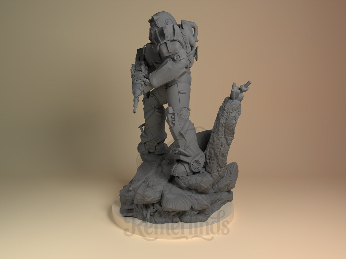 T60 Power Suit Post-Apocalypse Wasteland 3D printed resin figure by Nomnom, angled view showing dimensional details.