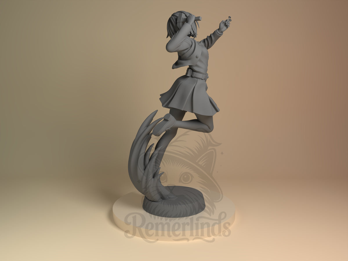 Rear three-quarter view of Nobara Kugisaki from Jujutsu Kaisen, an unpainted resin figure with raised arms and a bent leg on.