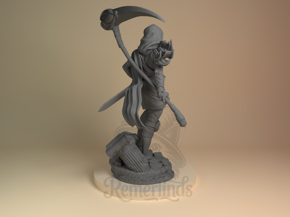 Back three-quarter view shows Dusk Warden from Hades as an unpainted resin figure with a raised scythe and sculpted base.