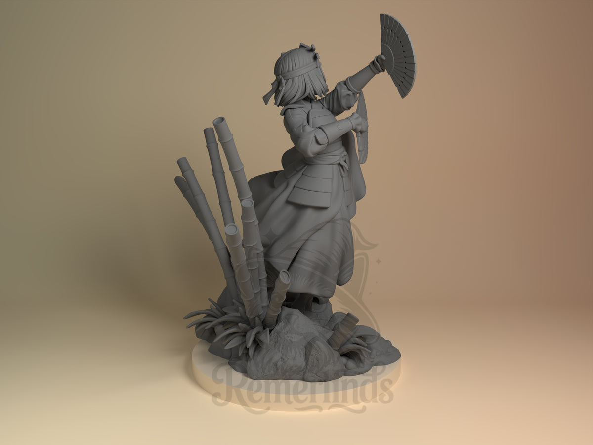 Back three-quarter view of Siku from Avatar: The Last Airbender, an unpainted resin figure with weapons on a rocky base.