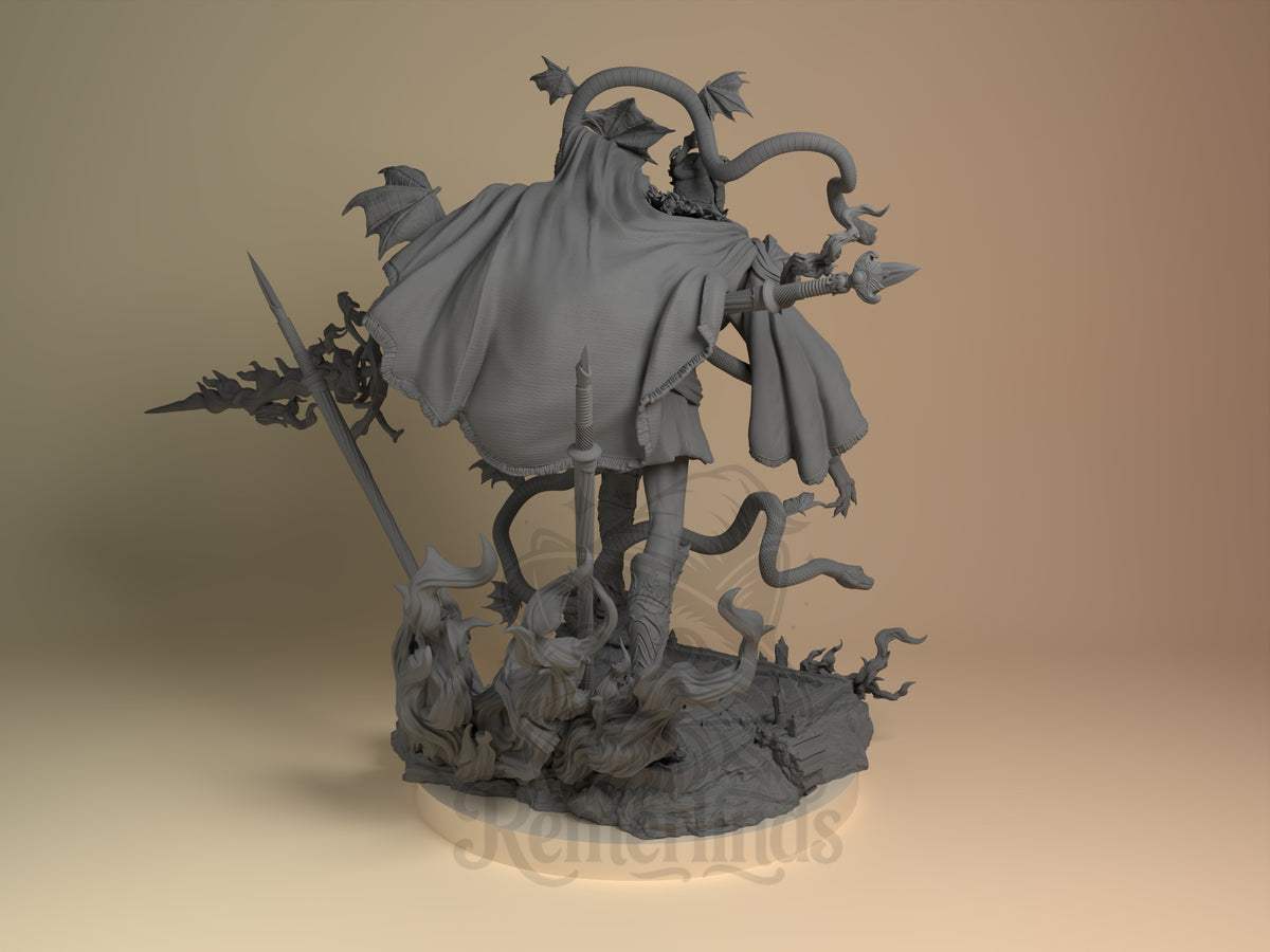 Unpainted rear view of Messmer the Impaler resin figure from Elden Ring on sculpted base.