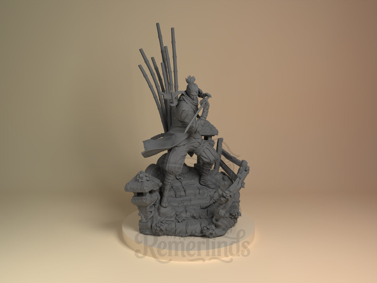 Sekiro from Shadows Die Twice is an unpainted resin figure kneeling with sword on a sculpted base.