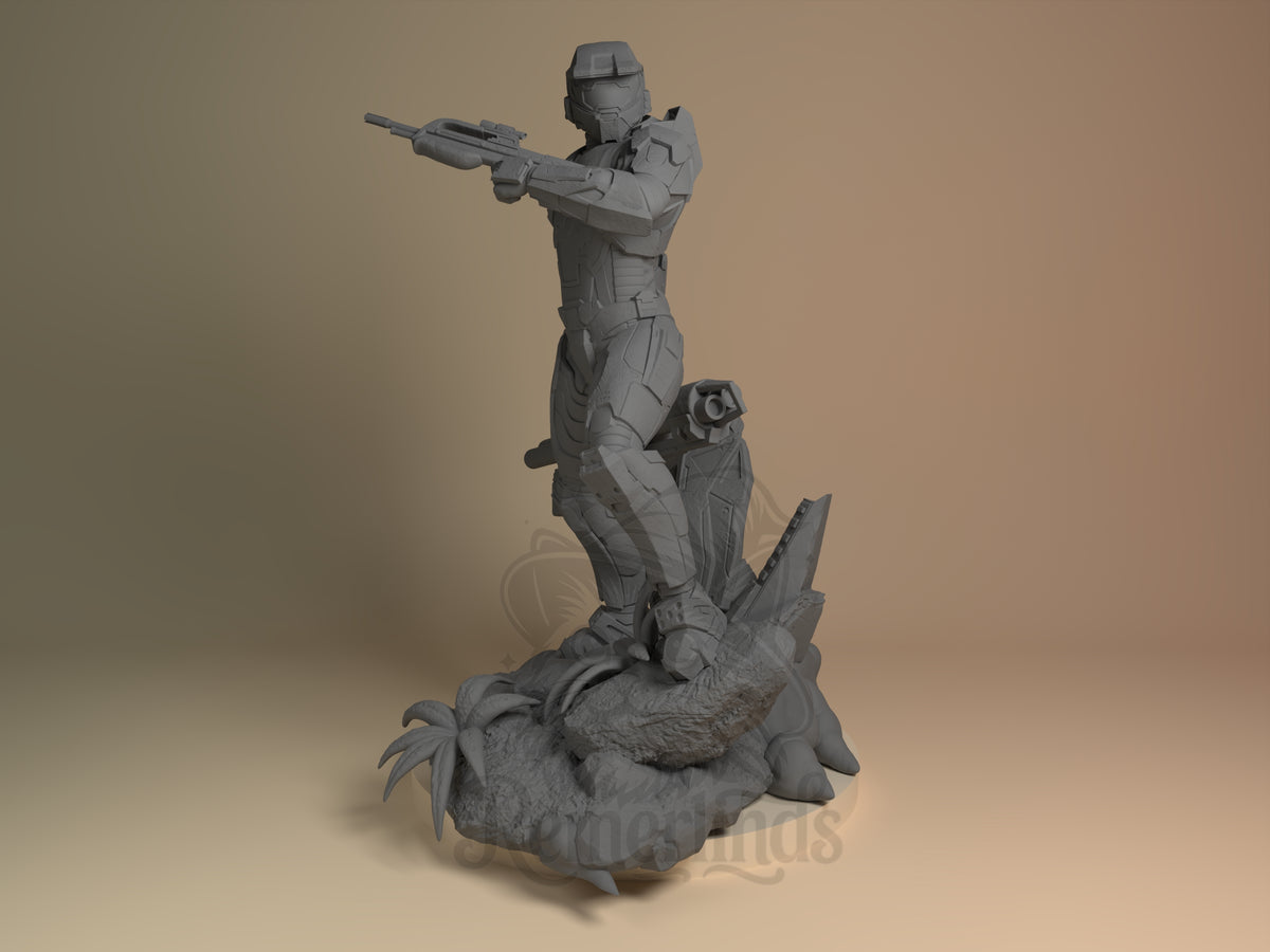 Chief Guardian Sacred Ring Saga 3D printed resin figure by Nomnom, unpainted front view. The figure depicts a futuristic armored warrior standing poised and alert, aiming a rifle straight ahead as if on guard or in combat. The armor is detailed with angular plates and a fully enclosed helmet, enhancing the high-tech warrior look. The base includes natural elements like foliage intertwined with mechanical components, adding a narrative of battle in a sci-fi environment.