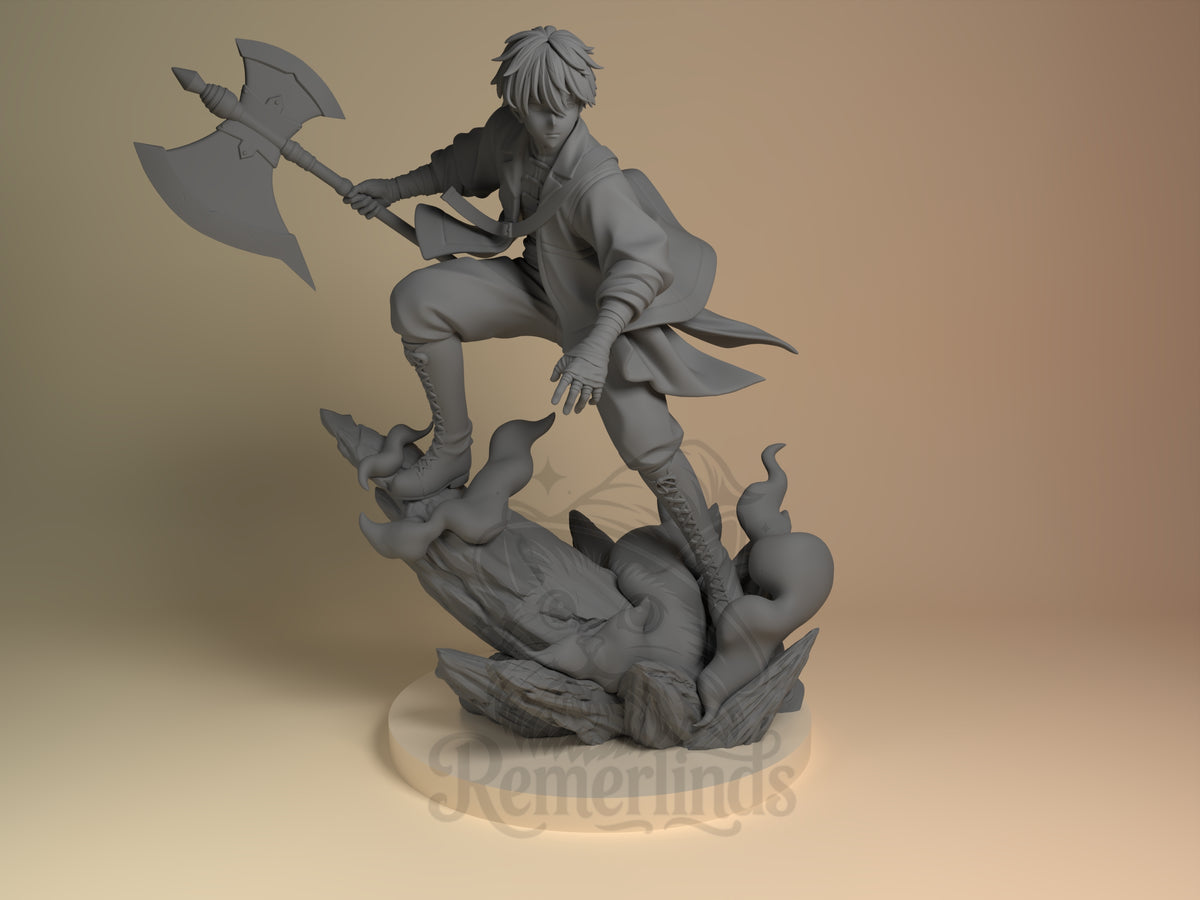 Stark from Frieren: Beyond Journey's End is an unpainted resin figure crouching with an axe on a sculpted base.