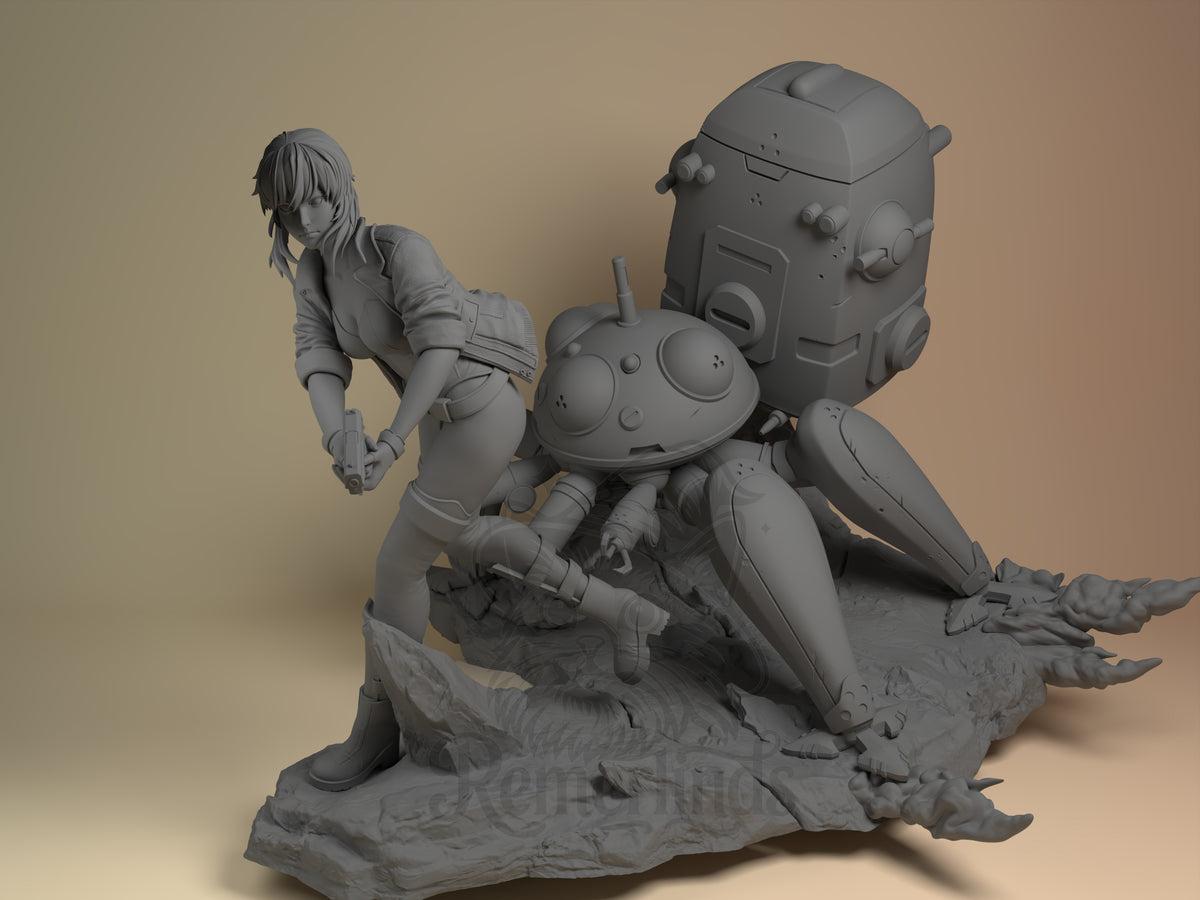Cybernetic Major Cyber Specter Network 3D printed resin figure by Nomnom, unpainted front view. The figure depicts a cybernetic major in a tense, action-ready pose alongside a spider-like robot. The detailed outfit and hairstyle convey a blend of tactical and casual aesthetics, while the mechanical companion and broken ground base create a narrative of futuristic combat or reconnaissance.