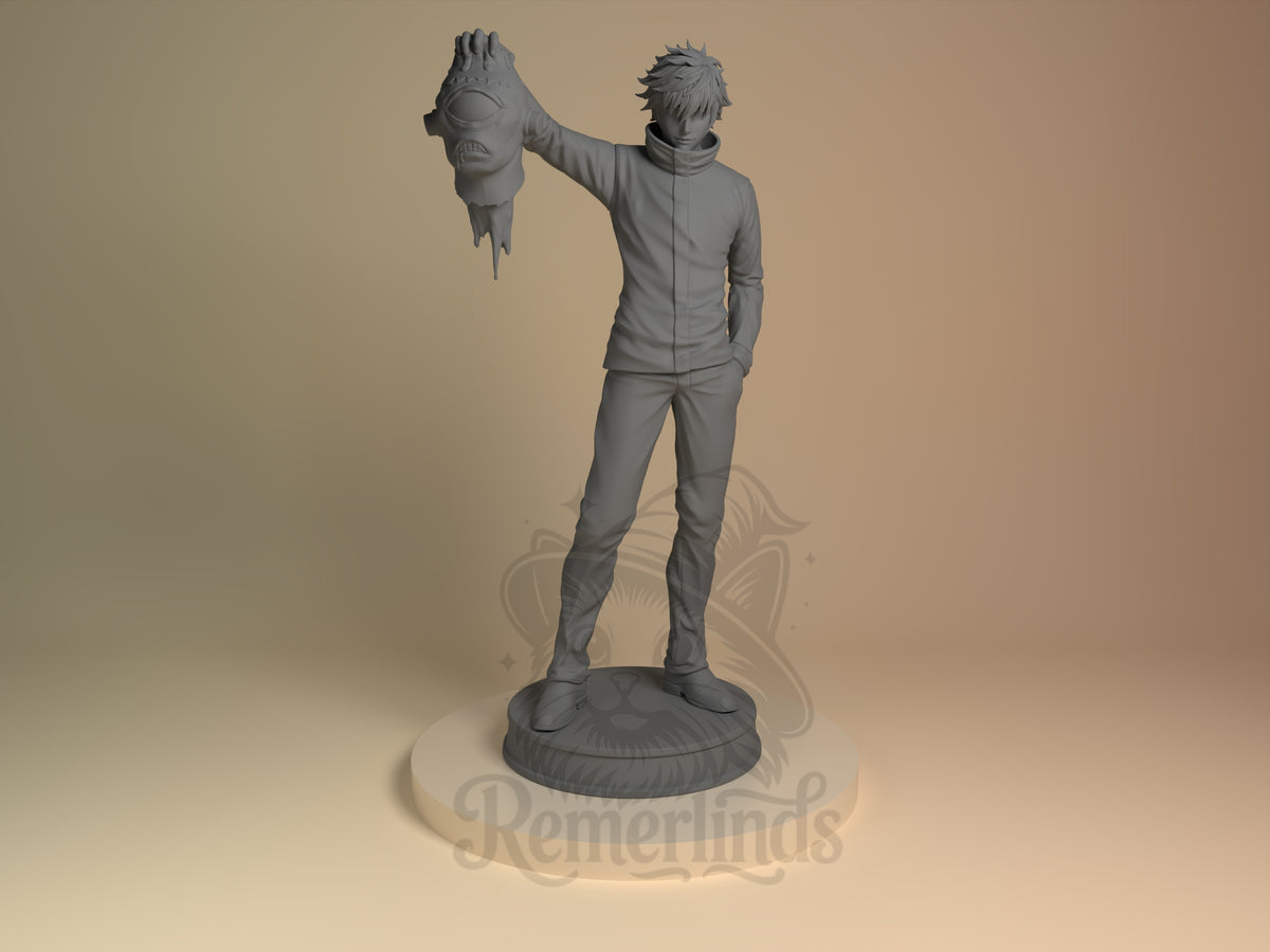 Front-view Satoru Goju from Jujutsu Kaisen is an unpainted resin figure holding a sculpted head on a round base.