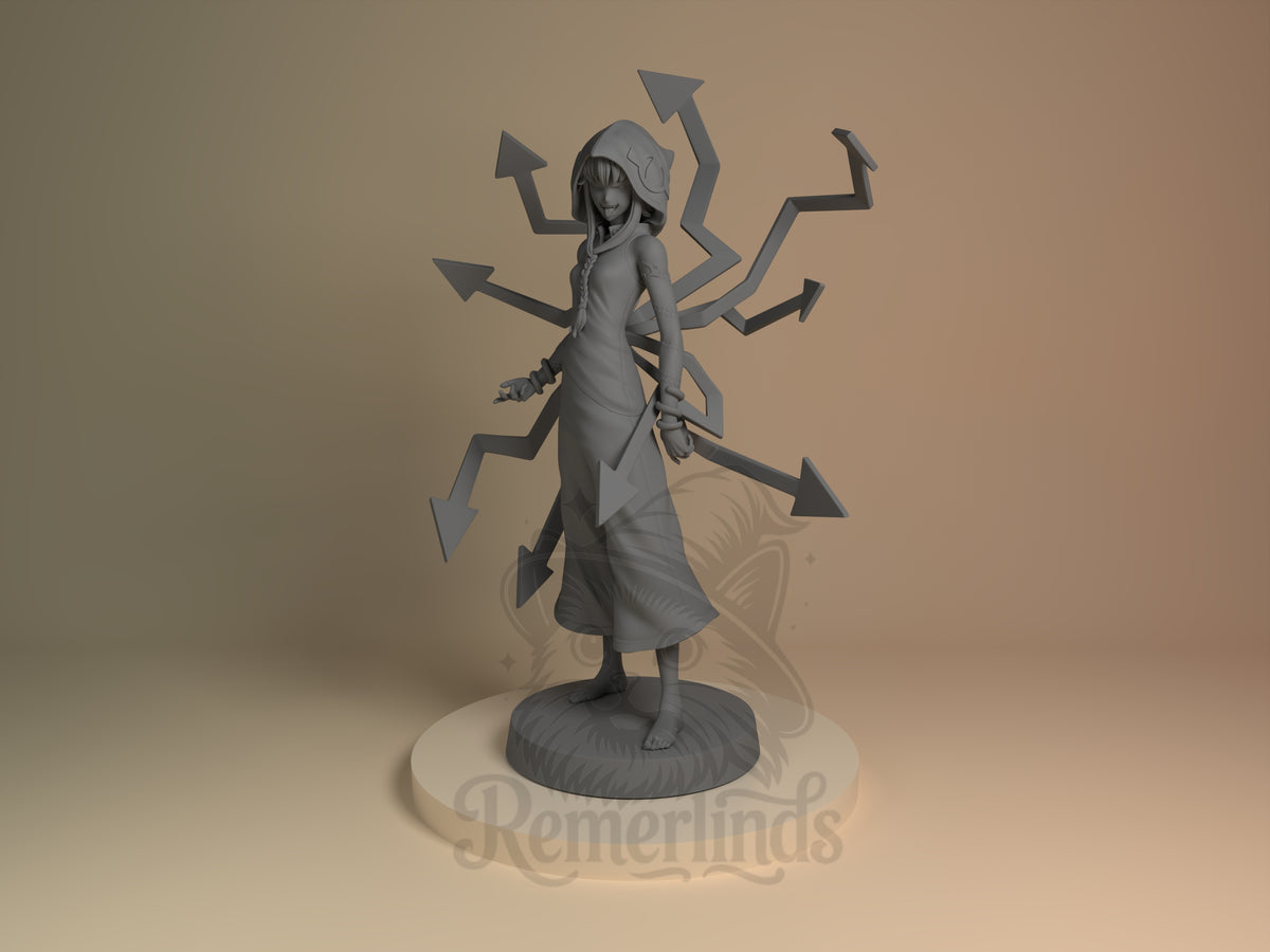 Stone Sorceress Soul Devourer 3D printed resin figure by Nomnom, unpainted front view. The figure depicts a stone sorceress standing confidently with an intense stance, holding a curved dagger in one hand. She wears a long, flowing dress and a hood that partially shadows her face, with multiple angular arrow-like shapes emanating from her back, suggesting magical or mystical power. The bare feet and textured base enhance the naturalistic and grounded feel of the miniature.