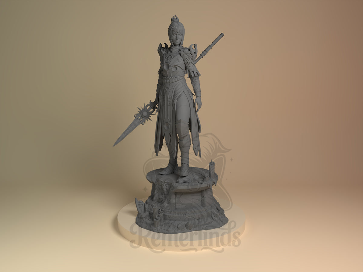 Front view shows an unpainted female cleric resin figure from classic fantasy roleplaying setting with sword and staff on a ?