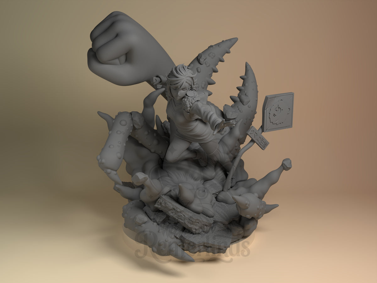 Front view of Momo Ayase from Dandadan as an unpainted resin figure on a sculpted base.