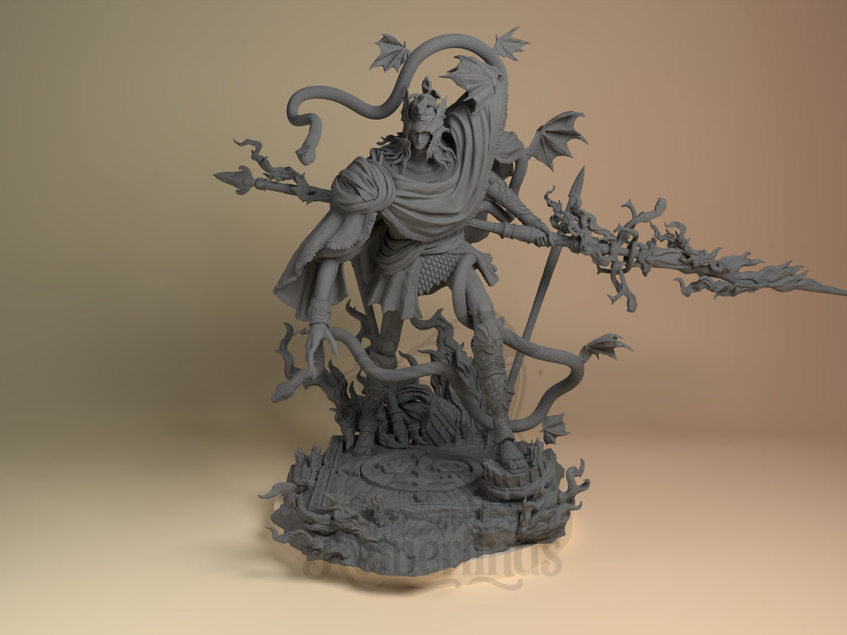 Messmer the Impaler resin figure from Elden Ring, unpainted front view on sculpted base.