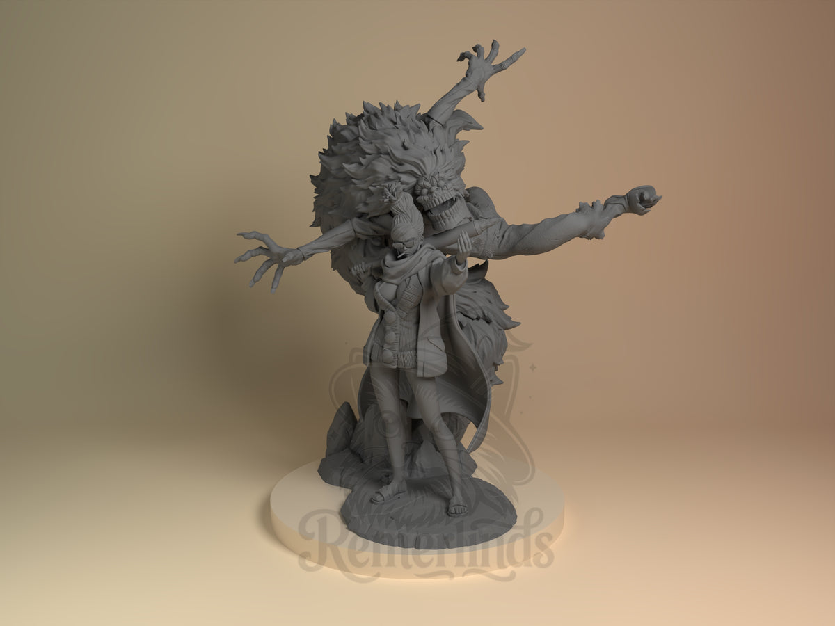 Front view shows Seiko & Granny from Dandadan, unpainted resin figure on a sculpted base.