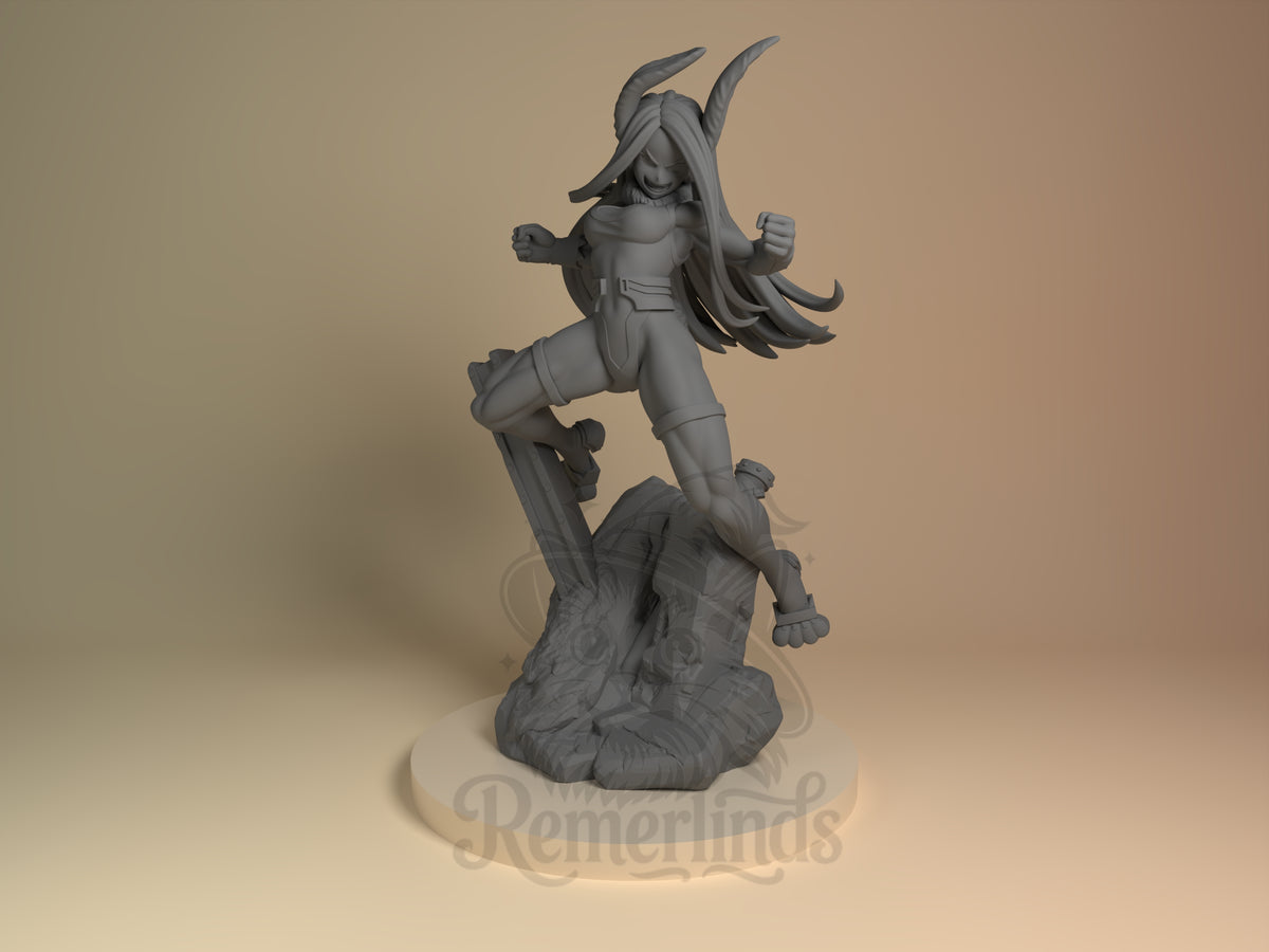 Mira the Rabbit Hero Champion Academy 3D printed resin figure by Nomnom, unpainted front view. The figure depicts Mira the Rabbit Hero in a powerful and dynamic stance, appearing mid-action with one foot on a rocky base and fists clenched. The character features long flowing hair with horn-like extensions and wears a detailed hero outfit that highlights their athletic build. The base enhances the overall energy of the figure, making it suitable for display as an action-themed collectible.
