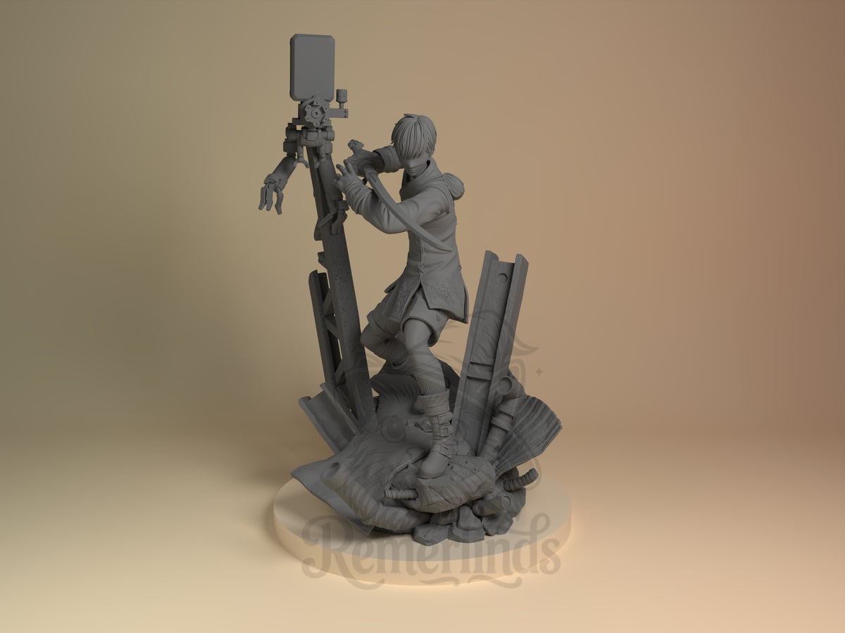 9S NieR: Automata 3D printed resin figure by Nomnom, unpainted front view. The figure shows 9S from NieR: Automata in a poised action stance, gripping a large sword embedded in a detailed base filled with mechanical rubble. The miniature emphasizes mechanical and futuristic themes with precise detailing on the character's clothing, hair, and robotic surroundings, conveying a tense and battle-ready atmosphere.