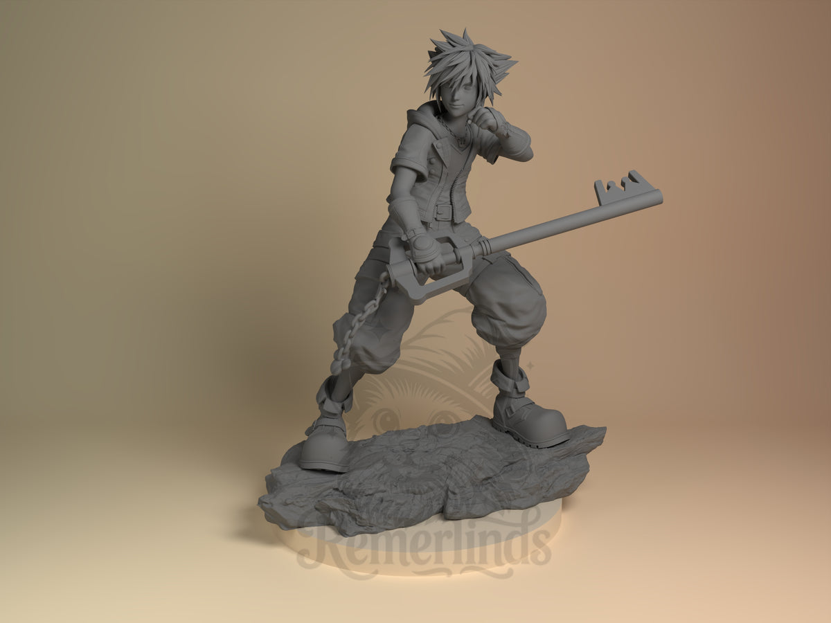Keybearer Sky Heartbound Kingdom 3D printed resin figure by Nomnom, unpainted front view. The figure depicts a dynamic and ready-for-action pose of the character Sora from Kingdom Hearts 3, holding his iconic Keyblade weapon with careful detail to clothing and hair. The figure stands firmly on a detailed rocky base, emphasizing the character's adventurous and heroic nature.