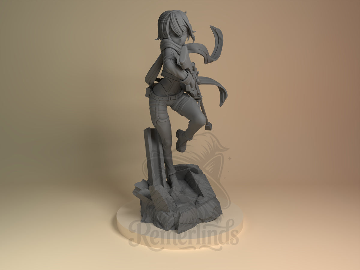 Azure Sniper Huntress Blade Web Odyssey 3D printed resin figure by Nomnom, unpainted front view. The miniature figure depicts Sinon from Sword Art Online in a dynamic action pose, balancing on one leg atop a rugged rocky base. She holds a sniper rifle ready, emphasizing her role as the Azure Sniper Huntress. Notable details include her hooded jacket, flowing scarf, and tactical gear, all sculpted with high detail to capture a sense of movement and readiness.