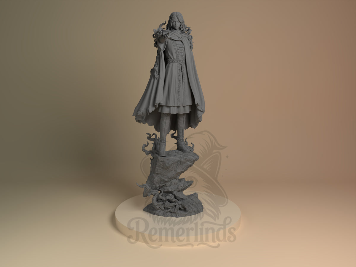 Front view of Melina from Elden Ring, an unpainted resin figure on a sculpted rocky base.