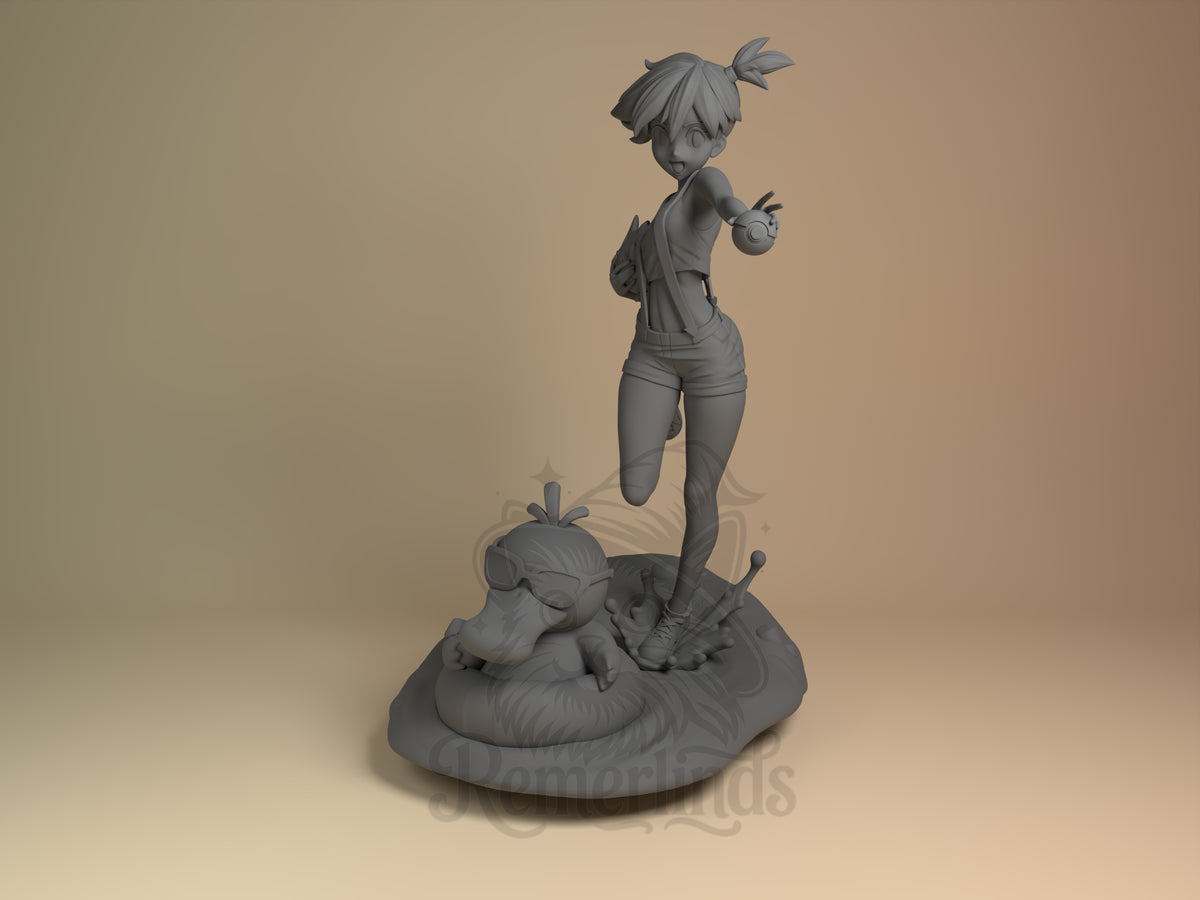 Misty Pocket Specters 3D printed resin figure by Nomnom, unpainted front view. The 3D resin miniature depicts Misty from Pokémon in a spirited stance, balancing on one leg while holding out a Pokéball as if ready for battle. She wears her iconic casual outfit with suspenders and sports her signature hairstyle with a side ponytail. The base includes a detailed Psyduck, adding character and context to the figure, capturing a playful and lively moment.
