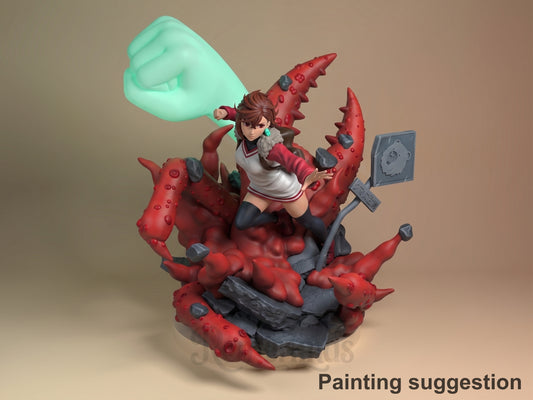 Pink-haired Girl Mystical Adventures 3D printed resin figure by Nomnom, colored view.