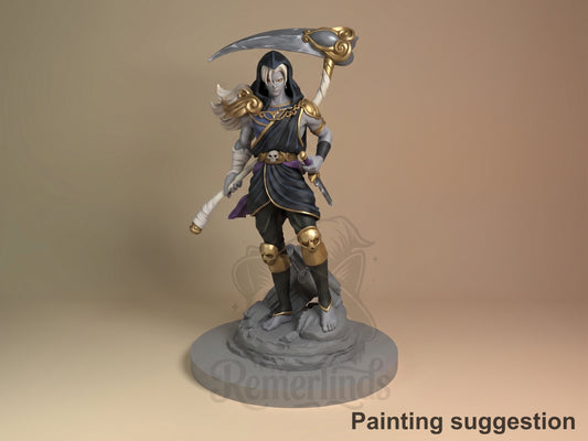 Painted Dusk Warden from Hades resin figure stands with a scythe on a sculpted base.