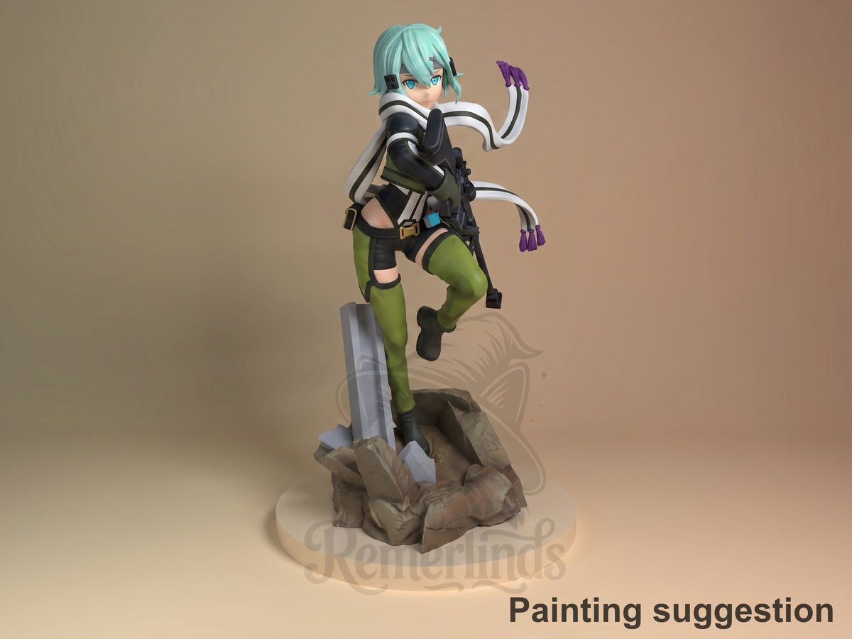 Painted Sinon from Sword Art Online resin figure poses with a rifle on a rocky base.