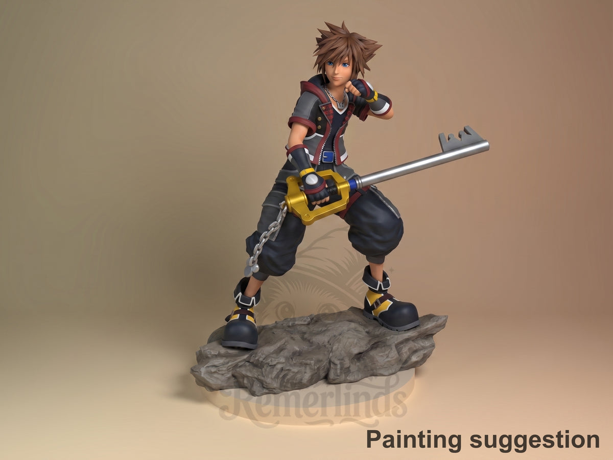 Painted Keybearer Sky from Heartbound Kingdom resin figure stands with keyblade on a rocky base.
