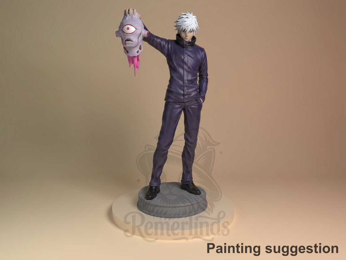 Painted Satoru Goju resin figure from Jujutsu Kaisen stands holding a monster head on a base.