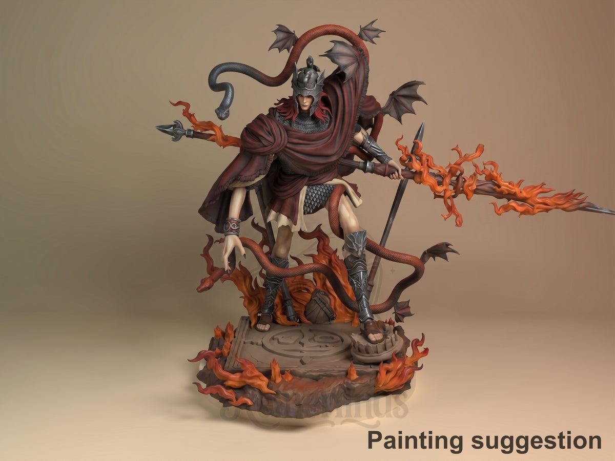 Front-view painted Messmer the Impaler resin figure from Elden Ring stands with spear on a flame-sculpted base.