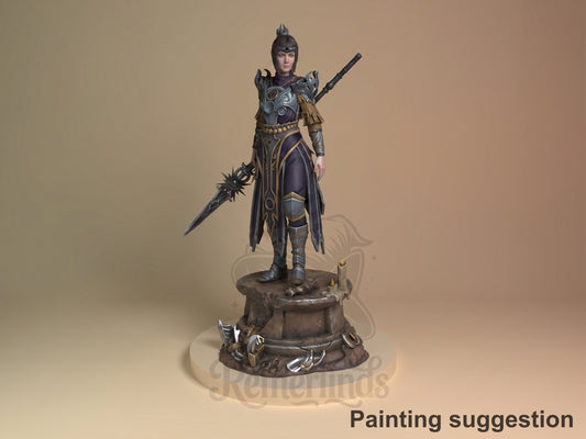Front-facing painted resin figure of a female cleric from classic fantasy roleplaying setting standing on a sculpted base.