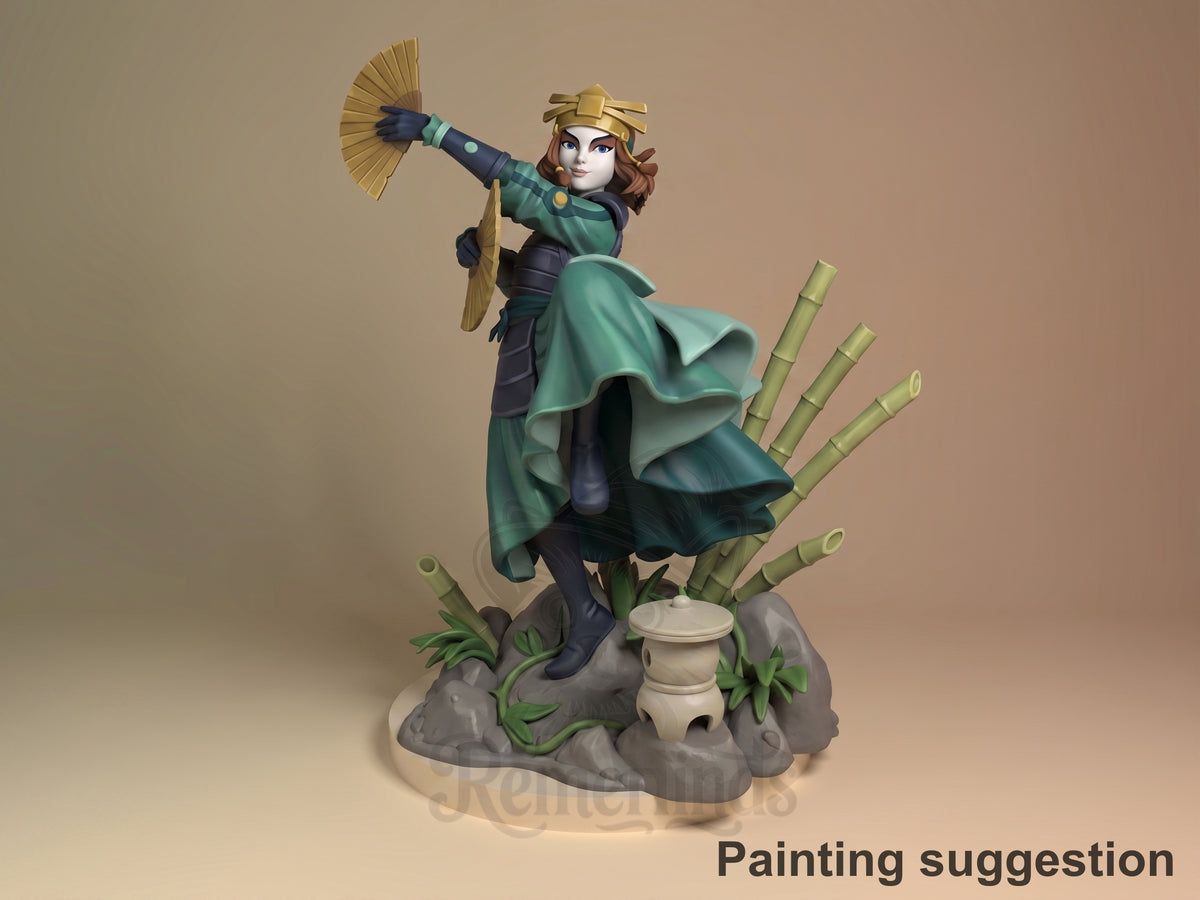 Painted Siku resin figure from Avatar: The Last Airbender poses with a fan on a bamboo base.