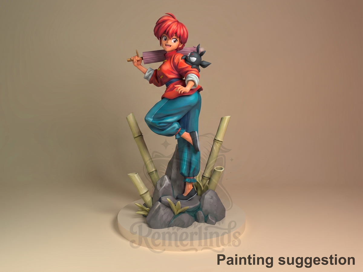 Painted Ranma from Ranma 1-2 resin figure poses with a staff on a bamboo and rock base.