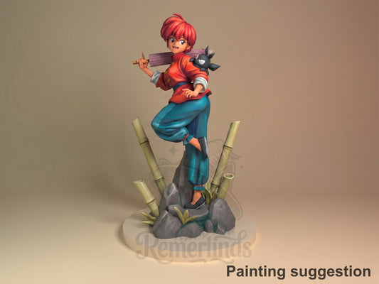 Painted Ranma from Ranma 1-2 resin figure poses with a staff on a bamboo and rock base.