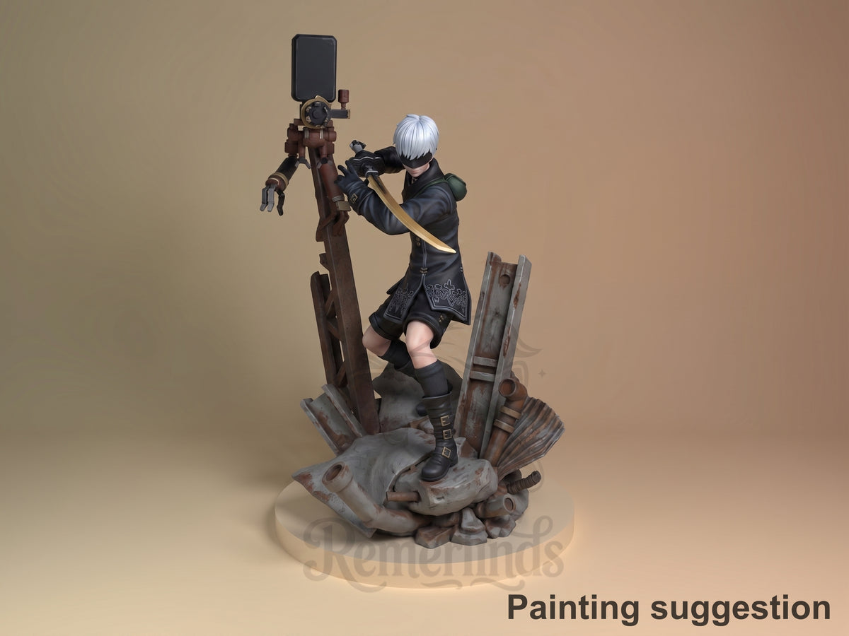 9S NieR: Automata 3D printed resin figure by Nomnom, colored view.