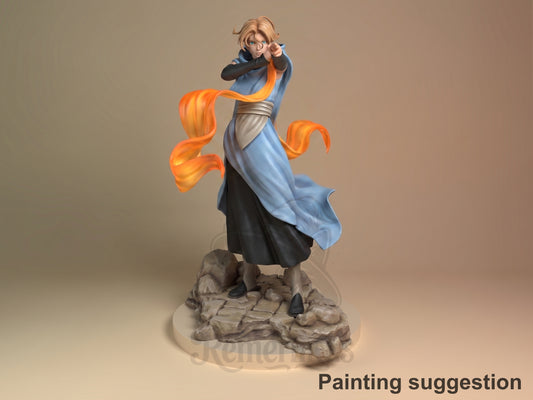 Painted Sypha from Castlevania resin figure points forward in a blue robe above a sculpted base.