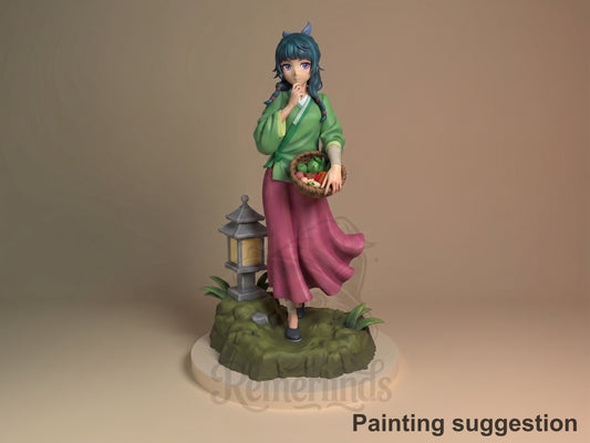 Painted Maomao from Apothecary Diaries is a resin figure standing with basket on sculpted base.