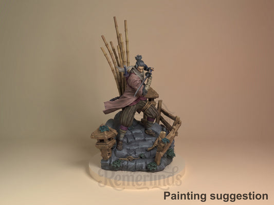 Painted Sekiro from Shadows Die Twice resin figure kneels, sword visible, on a rocky base.