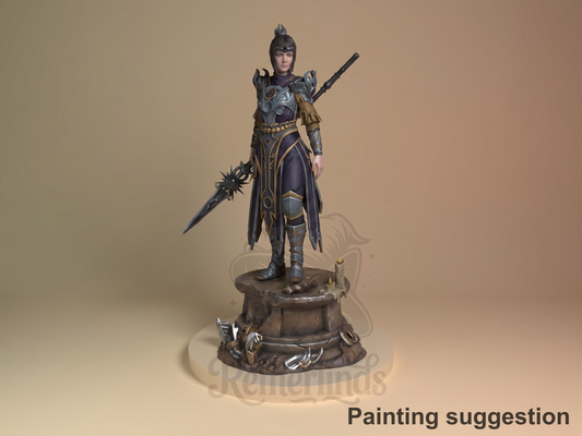 female cleric classic fantasy roleplaying setting 3D printed resin figure by Nomnom, colored view.