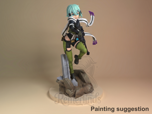 Azure Sniper Huntress Blade Web Odyssey 3D printed resin figure by Nomnom, colored view.