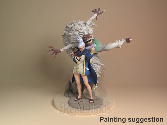 Schoolgirl and Grandmother Mystical Adventures 3D printed resin figure by Nomnom, colored view.