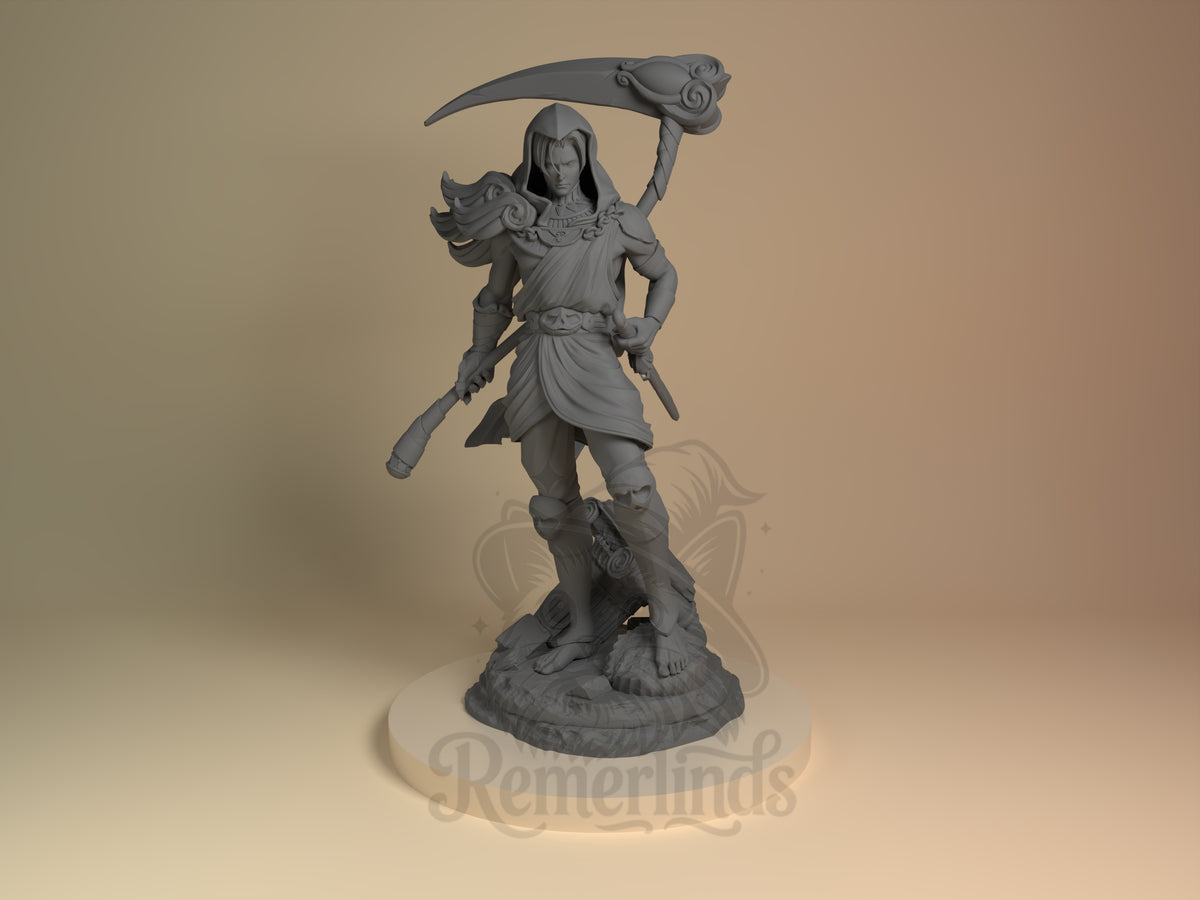 Dusk Warden from Hades, front view, is an unpainted resin figure with scythe on sculpted base.
