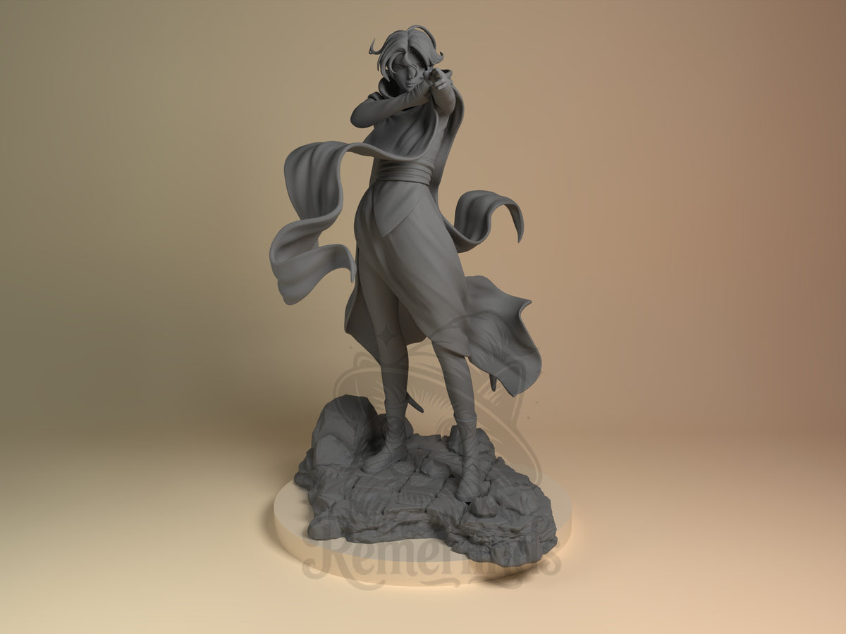 sorceress Fortressmania 3D printed resin figure by Nomnom, unpainted front view. The figure depicts Sypha in a dynamic standing action pose, casting a spell with her hands extended forward. She wears flowing robes and a swirling scarf that convey motion, standing firmly on a rocky base that adds context and stability. The overall composition effectively captures the character's sorceress nature with detailed clothing folds and an expressive posture.