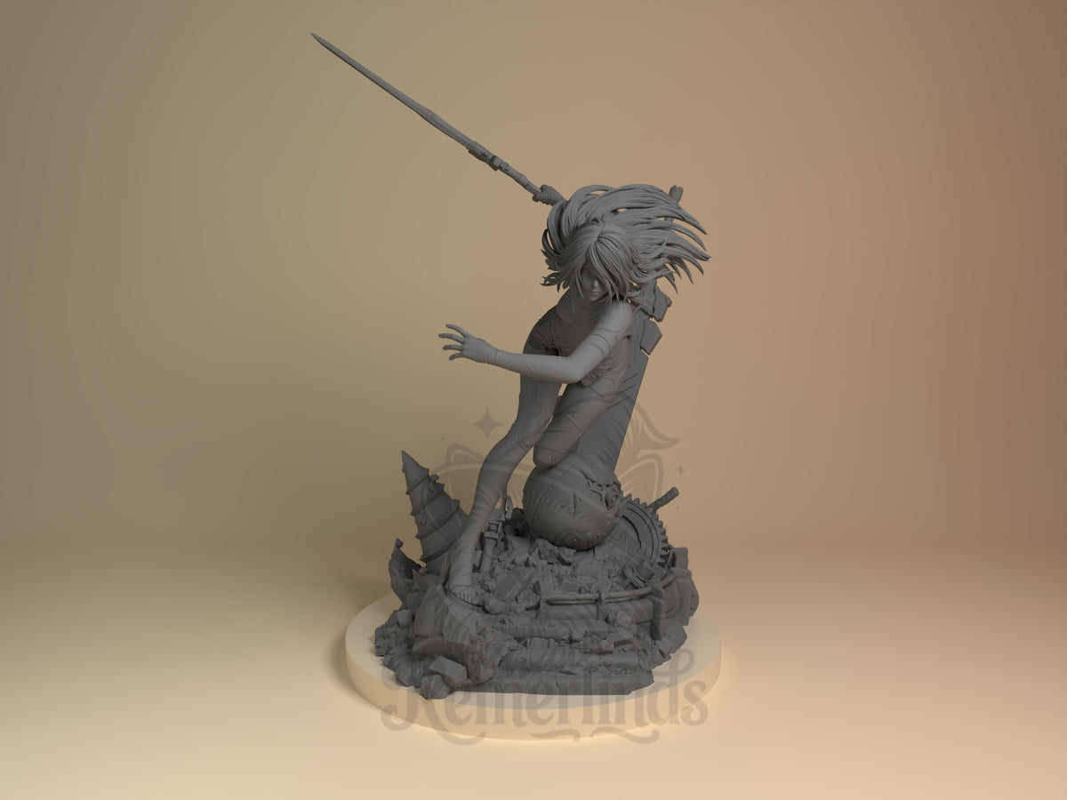 Android Warrior NieR: Automata 3D printed resin figure by Nomnom, unpainted front view. The figure depicts the android warrior A2 from NieR: Automata in a dynamic, action-oriented crouch. The long spear extends back to create tension and movement, while the flowing hair enhances the sense of motion. The detailed mechanical base with debris and gears adds depth and context to the battle-ready stance, emphasizing the character's powerful and agile nature.
