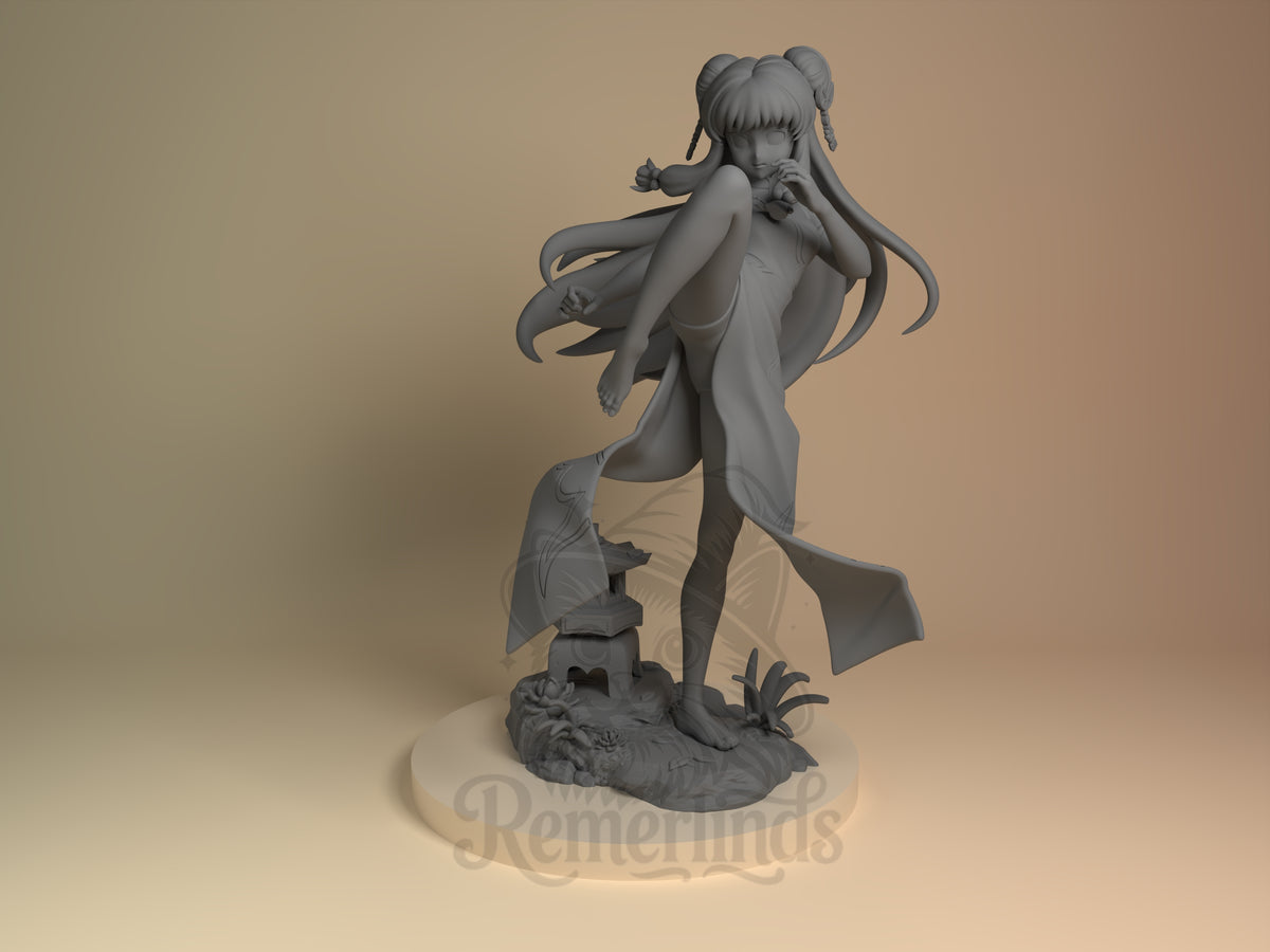 Female Martial Artist Half-and-Half Dojo 3D printed resin figure by Nomnom, unpainted front view. The figure depicts a female martial artist in mid-action, capturing a high kick stance that conveys motion and agility. Her traditional outfit and the detailed base with a stone lantern and natural elements add depth and context, while her long, styled hair flowing around her enhances the dynamic composition.